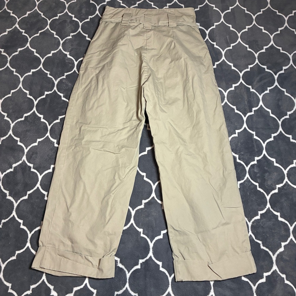H&M Khaki Tan Wide Leg Crop Pants Womens 6 High Waist Pleated Tie Belt Cotton